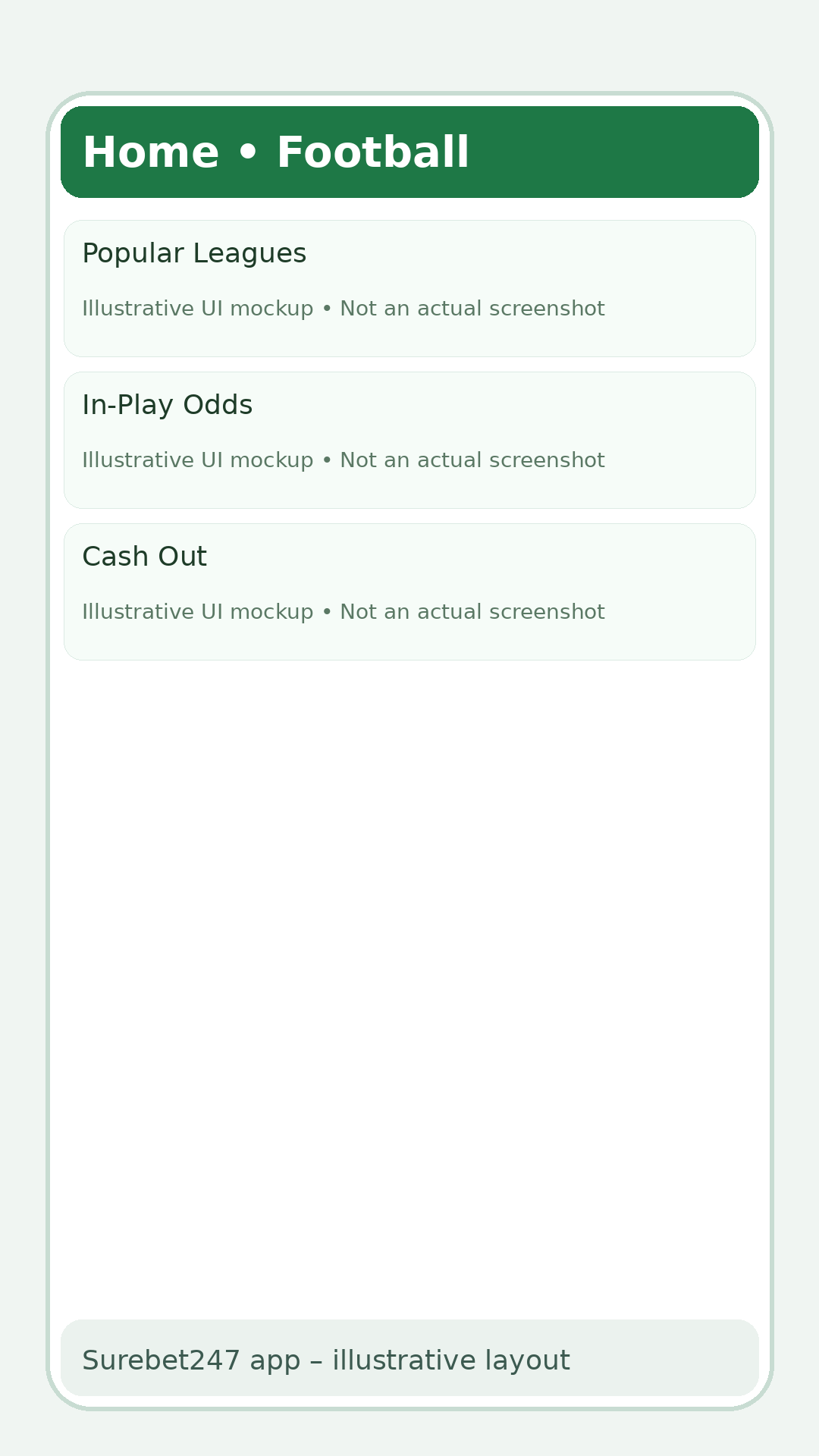 Illustrative mobile layout – Home & football (not an actual screenshot)
